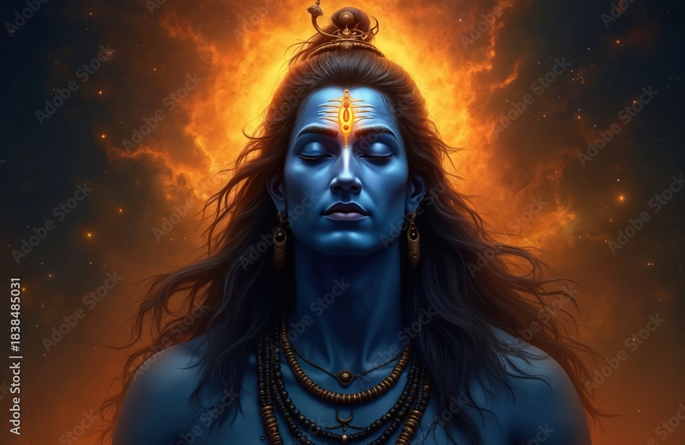 Obraz premium Blue skinned Hindu god Shiva meditates with eyes closed. Third eye on forehead glows with intense orange light. Fiery cosmos backdrop with stars, nebulae. Powerful divine being in deep contemplation.