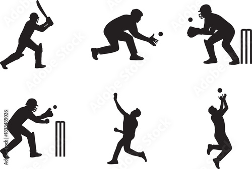 set of silhouettes of people playing cricket poses