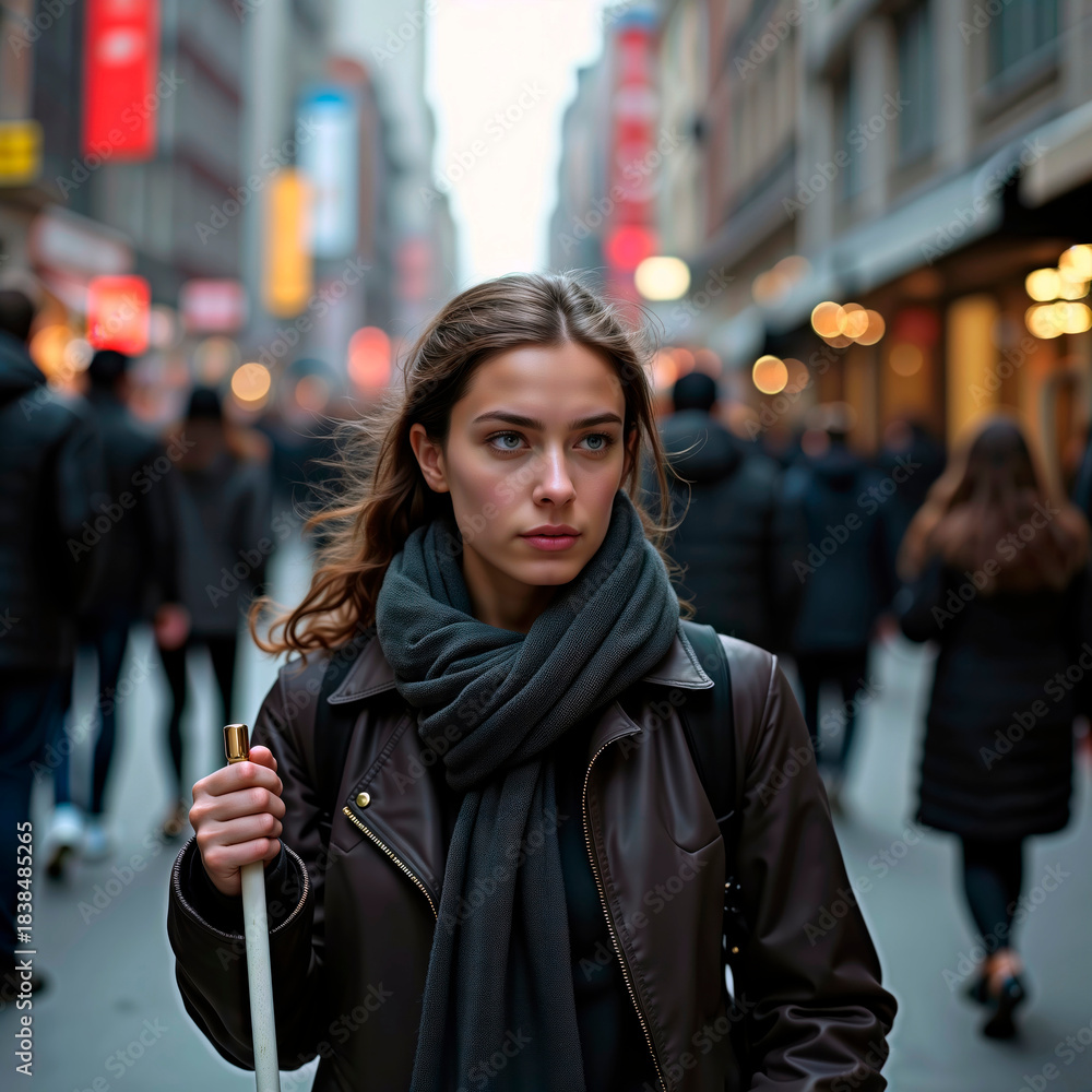 Fototapeta premium Young blind woman holding white cane standing on crowded urban street.