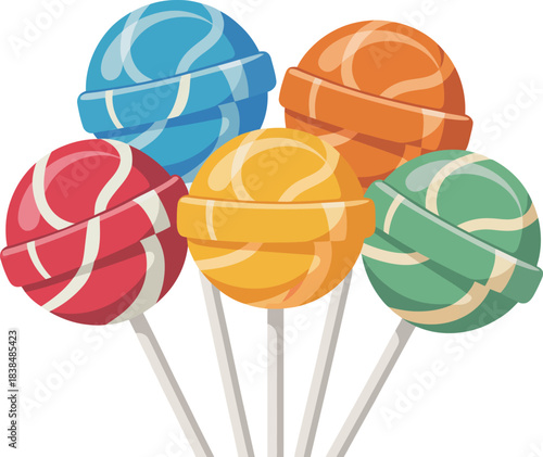 Five colorful lollipops with swirling patterns standing upright vibrant sweet treats for a playful design