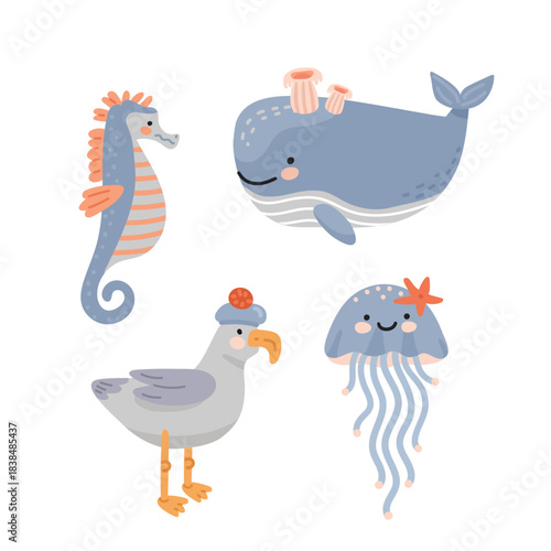A set of blue cartoon illustrations of sea animals for children's products and books. Flat vector style.