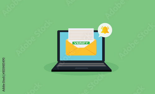 Laptop with a bell notification and verify mail. .Reminder on desktop. New message notification
