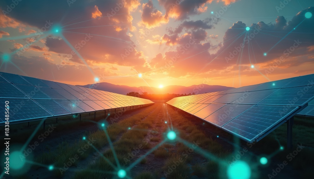 Fototapeta premium Rows of solar panels stand in vast farm field. Sunset colors paint sky with orange, blue, clouds above distant mountains. Glowing digital network lines link clean energy power system. Tech