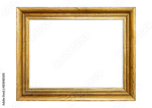 Vintage wooden frame with an aged golden finish isolated on white background