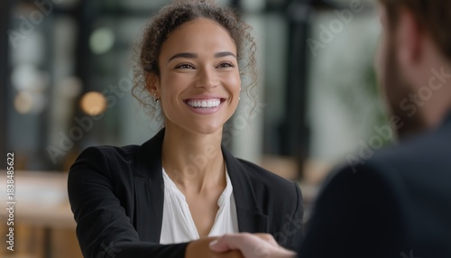 Hr Manager And Mixed Race Client Make Positive Business Agreement Through Handshake, Making Good First Impression. Happy Hiring At Job Interview.