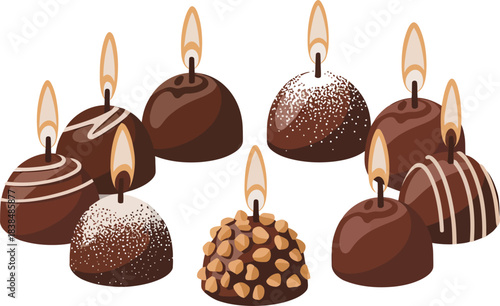 Set of chocolate truffle candles, various flavors and decorations, sweet dessert concept