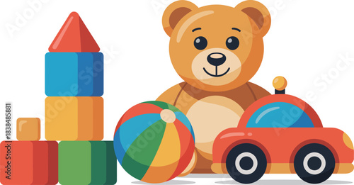 Selection of play items for children: colorful building blocks, a teddy bear, a striped ball, and a toy car