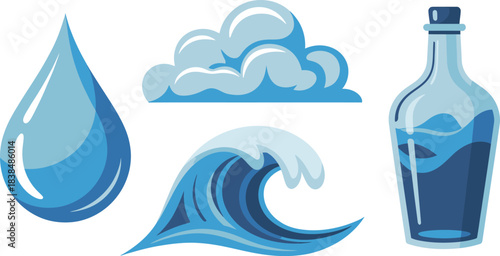 Set of water elements including a droplet, a cloud, an ocean wave, and a bottle filled with liquid in blue tones