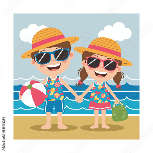 Happy Kids Holding Hands on Summer Beach Vacation Cartoon Illustration