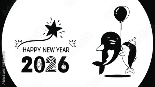 Happy New Year 2026 Cartoon Animals and Party Balloons