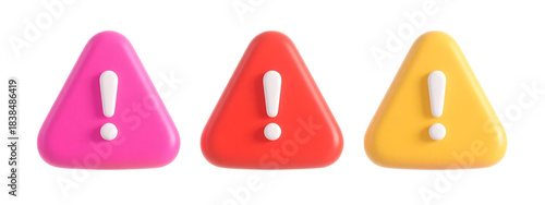 Cute 3D warning signs in vibrant pink red and yellow colors isolated on a transparent background