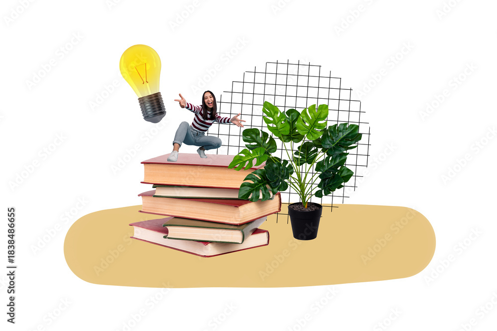 Fototapeta premium Exclusive image artwork photo collage of happy student girl stand book stack light bulb idea finding university education flower pot