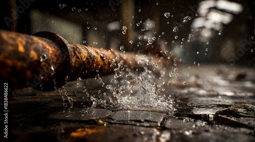 Rusty leaking water pipe in abandoned industrial building: urban decay and infrastructure deterioration