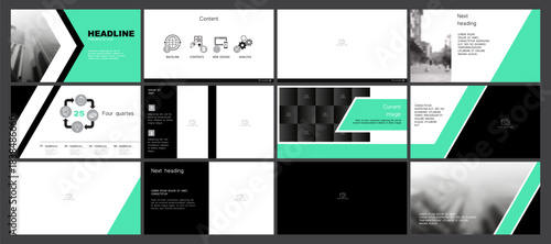 Business infographic presentation templates, green and black elements on white background. Use in flyers and SEO, powerpoint, webinar pages, website design, banners, annual report. Vector, abstract