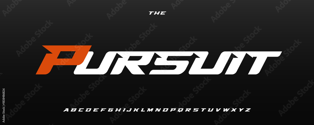 Naklejka premium Race Font Logo Alphabet Vector Wide Geometric Letters Modern Typography, Bold Italic Typographic Design Title Text, Typo Racing Poster Headline, Type Symbol Logotype, Sharp Fonts. Vector Typeface