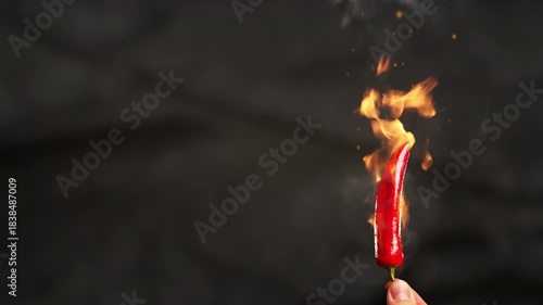 Red chili pepper on fire on dark background