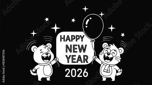 Cartoon vector illustration of a funny animals with balloon for happy new year 2026