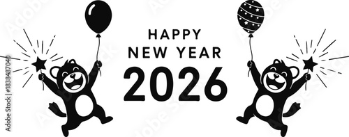 Hand-drawn black and white vector cartoon illustration, a symbol of art and new year 2026