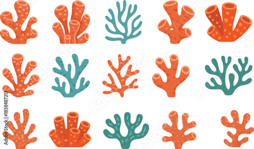 Coral reef or seaweeds vector underwater plant icons. Naive style leaves, algae or fronds. Hand drawn vector ink illustration. Modern style organic corals, aesthetic underwater plants and branches