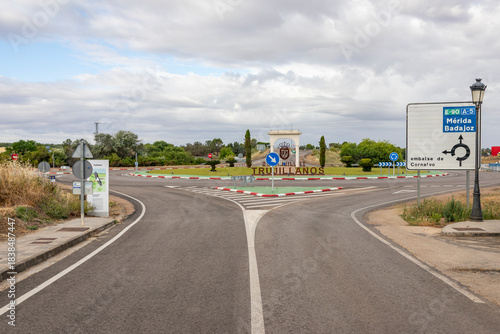 roundabout on a paved road leaving Trujillanos, province of Badajoz, Extremadura, Spain