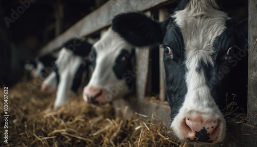 Close-Up Of Holstein Dairy Cows Eating Hay And Peeking Through Stall Fence On Livestock Farm In Black And White