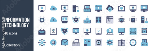 Information Technology and Computing Icons: A Modern Flat Vector Collection of 40 Illustrations Covering Networking, Cloud Storage, Security, and Digital Devices.