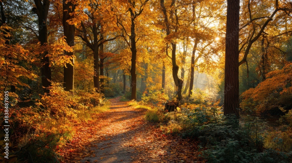 Obraz premium Leaves of orange and yellow cover the path in a forest. Sunlight filters through the trees creating a warm glow. A peaceful scene invites walking and exploration.