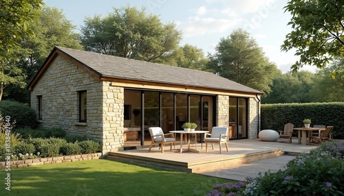 Modern single-storey Granny Annexe Conversion of Barn in UK. Stone building with large glass doors, windows, surrounded by plants. Wooden deck with outdoor furniture. Garden with lawn, flowers, trees.