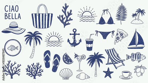 Blue and white summer coastal illustration set with nautical elements