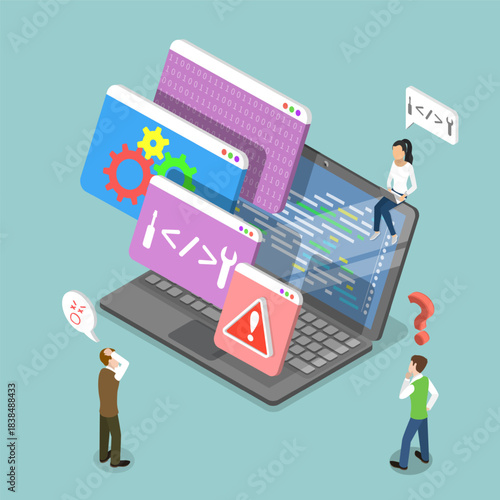 3D Isometric Flat Vector Illustration of Code Error, Process Of Bug Testing With Error Detection