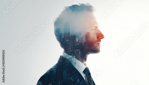 Businessman Dons Classic Suit While Gazing At Cityscape In Striking Double Exposure Image. Cascading Urban Landscape Unfolds Behind Him Stylishly.