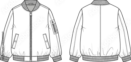 Bomber jacket technical sketch, front and back view, flap pockets, sleeve utility pocket, ribbed cuffs, zipper closure, fashion flat drawing