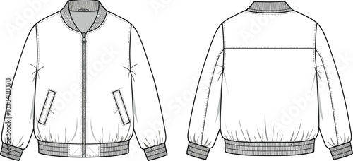 Bomber jacket technical sketch, front and back view, fashion flat drawing, ribbed cuffs, zipper closure, relaxed fit, garment blueprint