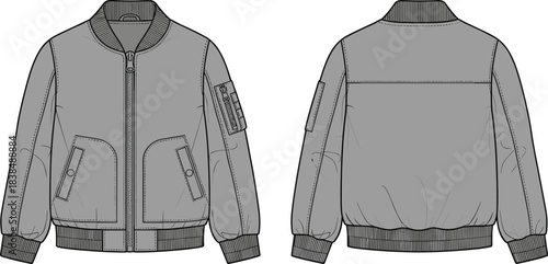 Bomber jacket technical sketch, front and back view, utility sleeve pocket, flap pockets, ribbed cuffs, zipper closure, fashion flat drawing