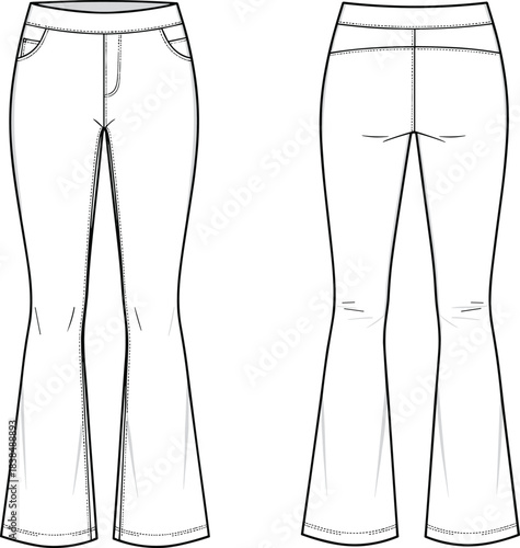 Bootcut pants technical sketch, front and back view, fashion flat drawing, fitted waist, fly detail, back yoke, garment blueprint