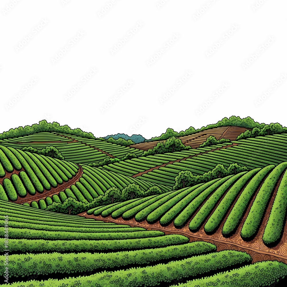 Fototapeta premium Vibrant green tea plantation stretches across rolling hills, offering a serene agricultural landscape for peaceful retreats and organic product branding.