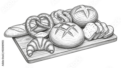 Assorted bread and pastries on cutting board white