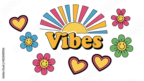 Colorful vibes illustration with sun and smiley flowers white