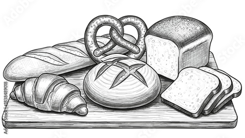 Assorted bread and pastries illustration white