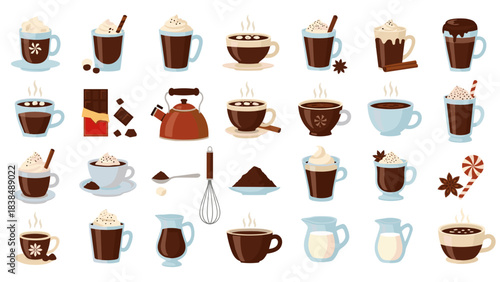 Various hot chocolate drinks and ingredients white