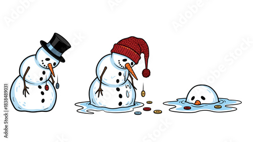 Three melting snowmen in hats white