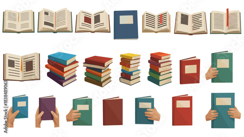 Collection of books and hands holding books white