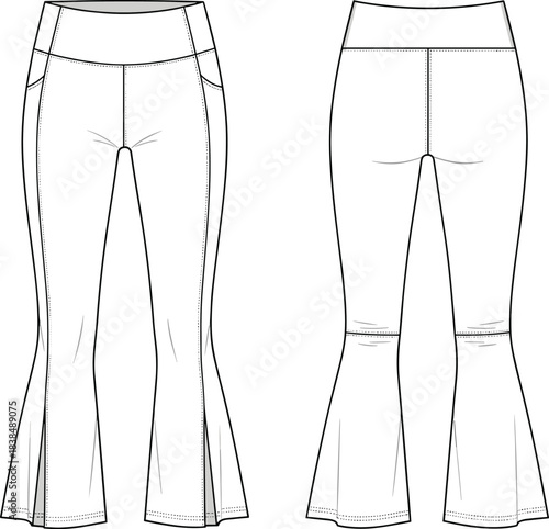 Flared pants technical sketch, fashion illustration, high waist trousers, front and back view, garment blueprint, apparel design, vector template