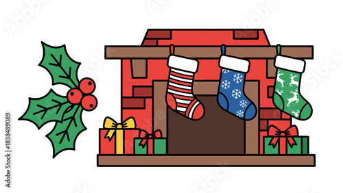 Christmas fireplace with stockings and gifts white