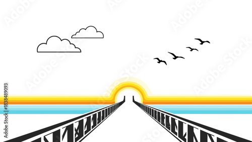 Illustration of a bridge leading to the horizon with sunset, white