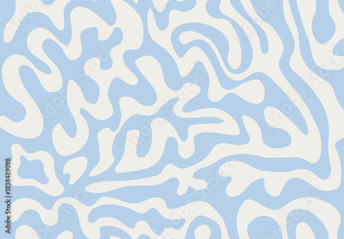 Psychedelic groovy 70s retro seamless pattern in soft blue and white color. Wavy and swirled brush strokes liquid texture for packaging design in trendy 2026 color 