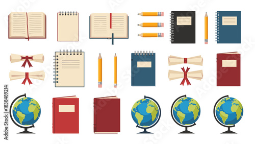 Collection of school supplies and globes white