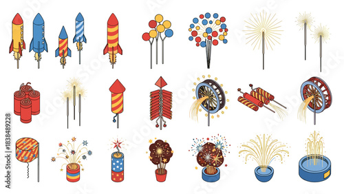Colorful fireworks and rockets collection white