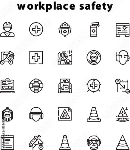 Work safety line editable icon set. Containing workplace security, Safety first, hard hat, insurance, first aid kit, risk management, regulation,
