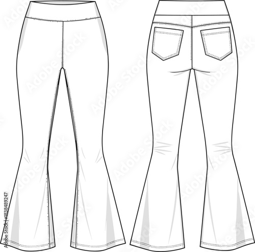 Flared pants technical sketch, front and back view, fashion flat drawing, fitted waist, back pockets, yoke detail, garment blueprint